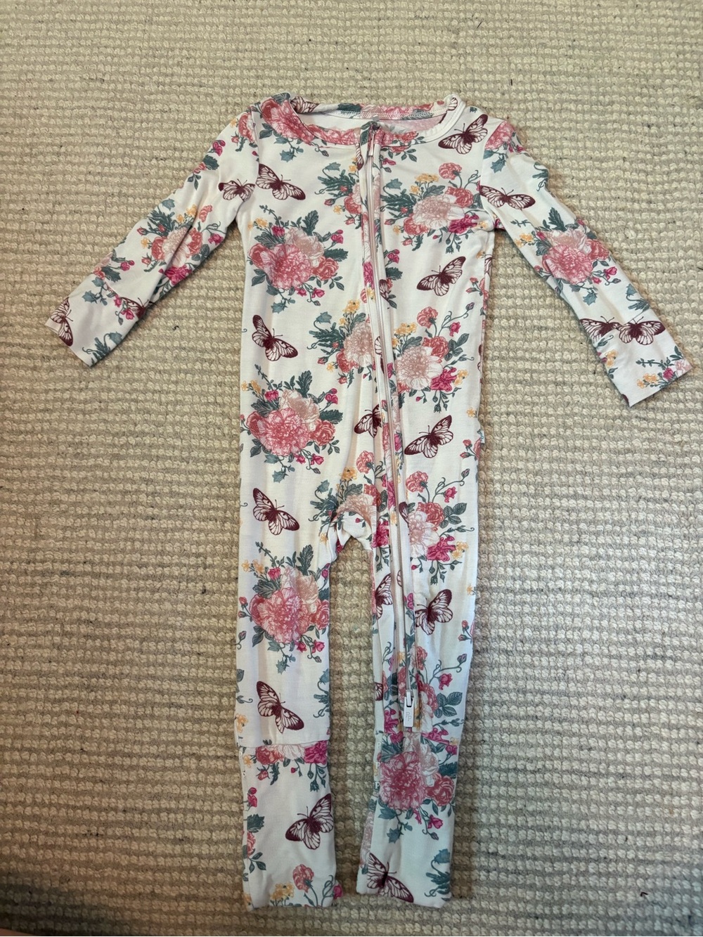Posh Peanut Cream Footed Zip One-Piece with Pink Floral & Maroon Butterflies